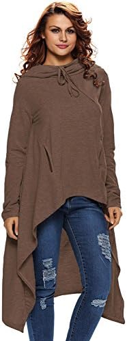 Gloshop Women's Brown Plain Drawstring Irregular Oversize Hoodie L