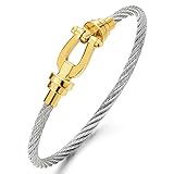 COOLSTEELANDBEYOND Stainless Steel Twisted Cable Anchor Shackles Bangle Bracelet for Men Women, Silver Gold Two-Tone