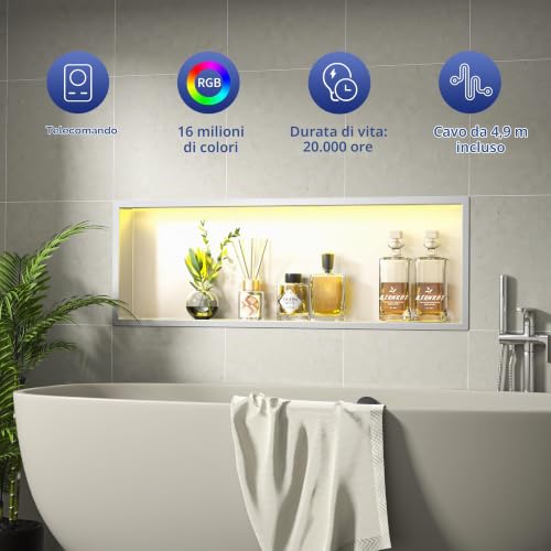 Bernkot Wall Mounted Shower Stainless Steel RGB LED Wall Mounted Niche with Remote Control 90cm x 30cm Silver
