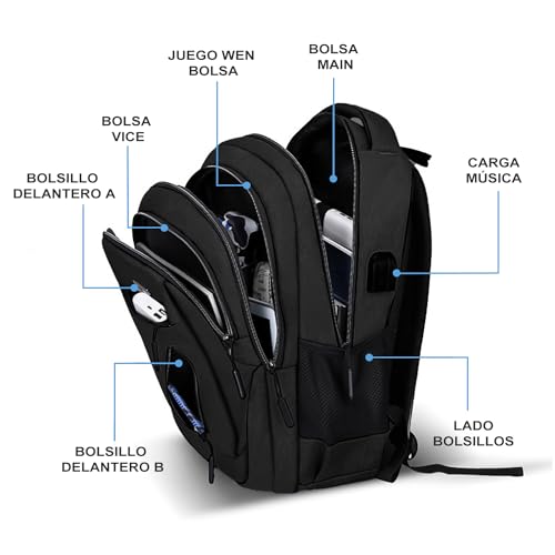 Mochila para Laptop de 17.3 pulgadas,Mochila Impermeable,Mochila de viaje extra grande para hombre y mujer,50X35X19cm，Tiene un puerto de carga USB, apto para portátiles de 17,3 pulgadas