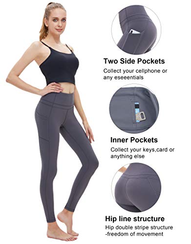 Yoga Pants for Women,High Waist Yoga Pants with Pockets, Tummy Control Workout Running Pants 4 Way Stretch Yoga Legging(Gray, L)