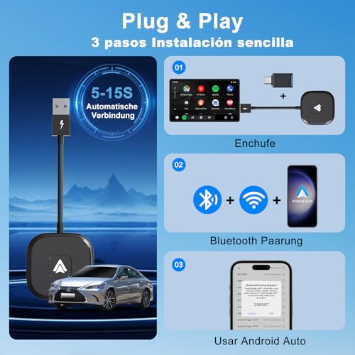 LXJADAP Android Auto Inalambrico Adaptador, Adaptador Android Auto inalambrico con 5GHz WiFi, Admite Actualización en Línea, para OEM Wired Android Auto Modelo, Plug and Play