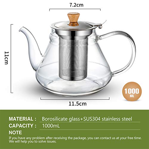 SUSTEAS 1000ml/33oz Glass Teapot with Extra Double Wall cups, Removable