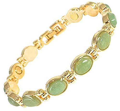 Ladies Magnetic Bracelet for Women - Semi Precious Green Aventurine Gemstones - Fits Wrists Up to 7.5" Adjustable - Plus Jewellery Gift Box (Gold)