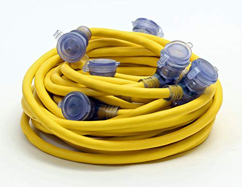 50-Foot 12/3 Yellow Outdoor Multi Outlet Extension Cord 5 Water Resistant Covered Outlets