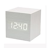 Powstro clock Modern Wooden Cube Design Digital LED Desk Alarm Clock Voice Control Thermometer Timer Calendar