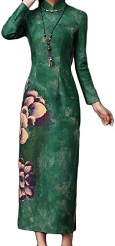 QueenHands Womens Cut Out Retro Print Novelty Chinese Style Traditional Dress Green XS