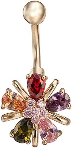 Tiffinys Jewelry Stainless Steel Belly Button Rings Flower-Shaped Crystal Screw Navel Bars Body Piercing (Multiple Colors)