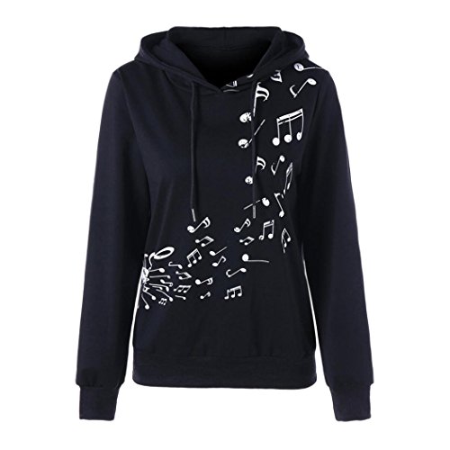 YANG-YI 2017, Womens Long Sleeve Hoodie Musical Note Print Sweatshirt Jumper Pullover Blouse (Black, S)