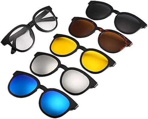 Fashion Shades Round Retro Style Sunglasses with 5Pcs Interchangeable Lenses for Men Women Unbreakable TR90 Frame Clip-on UV Protection Magic Sunglasses with Magnetic Eyes Protection