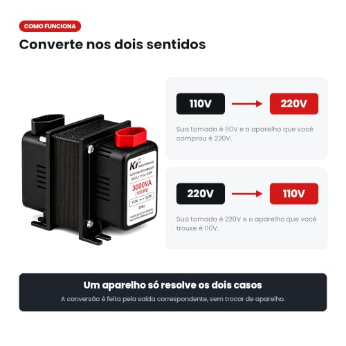 Autotransformador Bivolt 3000VA (1650W) – Conversor de Voltagem 110V/127V para 220V e 220V para 110V – Transformador para Ar-Condicionado, Lavadora, Geladeira e Eletrodomésticos – Proteção Térmica