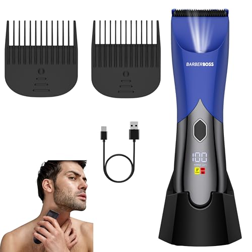 BarberBoss Men’s Groin & Body Hair Trimmer, Waterproof Pubic Hair Shaver for Men, Ceramic Blades, Dual Speed, LED Display & Charging Dock, Blue