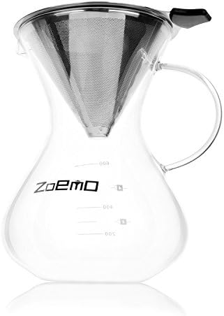 Pour Over Hand Drip Coffee Maker - Anti-Scratch Borosilicate Glass Carafe with Comfortable Handle - Stainless Steel Permanent Mesh Coffee Filter, 22.5oz/660ml, w/ Free Pour Coffee Recipe