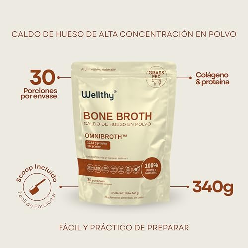 Wellthy Bone Broth Sabor Natural 340g. Caldo de Hueso en Polvo Grass Fed OMNIBROTH™, 10.64g de Proteina por Porción, Incluye Scoop, Sugar Free, Gluten Free, Bottle Free.