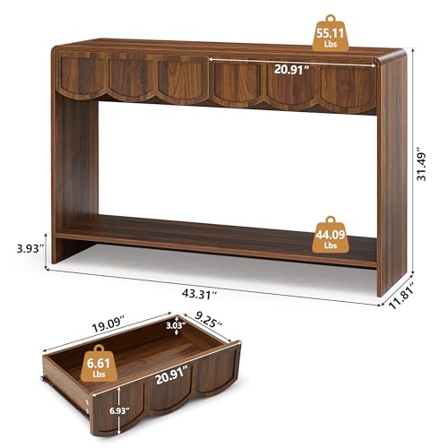 Console Table with Drawers, Mid-Century 43 Inches Narrow Entryway Table with Open Storage Shelves, Hallway Accent Table Behind Couch Table for Living Room - Walnut