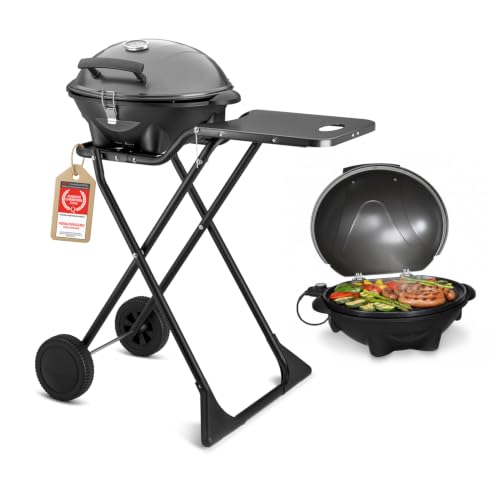 TZS First Austria - Elektrogrill 2 in 1 Tischgrill & Standgrill 2400W - Elektrischer & klappbarer Grill für Balkon & Terrasse mit Deckel & Rollwagen -