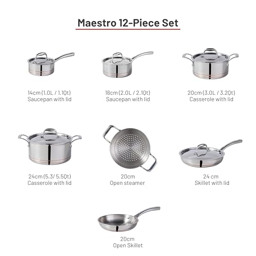 Lagostina Maestro 12-Piece 5-Ply Clad Copper Core Stainless Steel Cookware Set, Premium Pots and Pans, Induction Compatible, Oven Safe, Silver