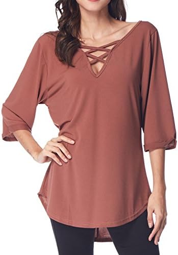 GAMISS Womens V Neck Criss Cross Blouse 3/4 Sleeve Loose Casual Asymmetrical Tunic T-Shirt Top
