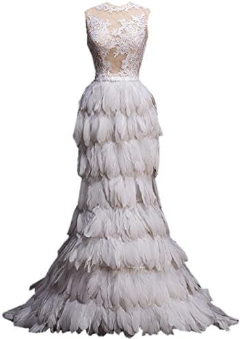 Heartgown Women's Sheer Lace Feather Ruffles Sweep Train Organza Gothic Wedding Dress