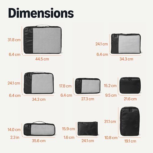 Lot d’Accessoires de Voyage, 8 Housses de Rangement, Organisateur de Bagages avec Double Fermeture à Glissière, 100% Polyester, Plusieurs Dimensions, Noir