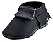 SAYOYO Baby Black Tassels Soft Sole Leather Infant Toddler Prewalker Shoes (6-12 Months, Black)