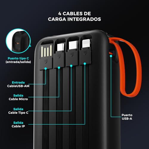 HUSEYTA Power Bank 20000mAh con Cables Integrados, Carga Rápida PD 22.5W, Batería Externa con 4 Cables y Pantalla LED, Compatible con iPhone, Samsung, Xiaomi