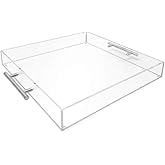 Isaac Jacobs Clear Acrylic Serving Tray (15x15) with Silver Metal Handles, Spill-Proof, Stackable Organizer, Food & Drinks Server, Indoors/Outdoors, Lucite Storage (15x15, Clear with Silver Handle)