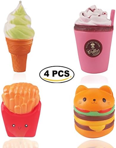 ZCGC Squishies Jumbo, 4 PCS Decompression Toy, Kawaii Squishy Slow Rising, (Cat Hamburgers + 2 PCS Ice Cream + French Fries) for Kids Adults Hand Wrist Toys