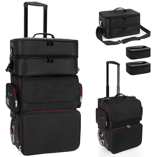 Large Makeup Train Case with a Large Makeup Travel Bag for Hairstylist, Hairdresser Bag with Detachable Pouch,Heat Insulation and Anti-scalding Full layer for Hairdressing Tool Organizer, Big wheels
