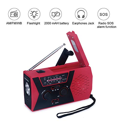 Portable Emergency Solar Weather Radio Hand Crank Self Powered AM/FM/NOAA Radios, with LED Flashlight, SOS Alarm, Reading Lamp and 2000mAh Power Bank for Emergency Earthquake Hurricane (Red) - Thumbnail 2