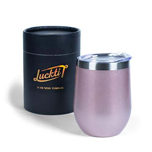 Luckti 12 oz Insulated Stainless Steel Wine Tumbler Cup Double Wall Vacuum Stemless Glass with Lid - Rose Gold - Thumbnail 2