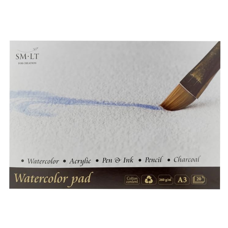 SM. LT 3As 20 (260) English Watercolor Pads A3 Watercolour Paper 100% Recycled Cotton Age, and Acid- Paper 260gsm 20 Sheets White