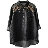 Womens Vintage Animal Floral Print Button Down Shirt with Pocket,Long Sleeve Loose Blouse for Vacation Party Work