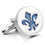 Men's 2 PCS Rhodium Plated Enamel Cufflinks Silver Blue Knight Fleur De Lis Shirt Wedding
