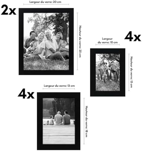 Lot de 10 Cadres Photos - Cadre Photo Multiple avec Deux 20x25 cm, Quatre 13x18 cm et Quatre 10x15 cm- Décoration Murale et Collages avec Verre Résistant aux Chocs - Noir