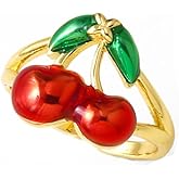 NewZenro Cute Cherry Adjustable Open Rings for Women 14k Gold Plated Green Red Enamel Lovely Sweet Food Fruit Statement Finger Knuckle Band Ring Comfort Fit Minimalist Jewelry