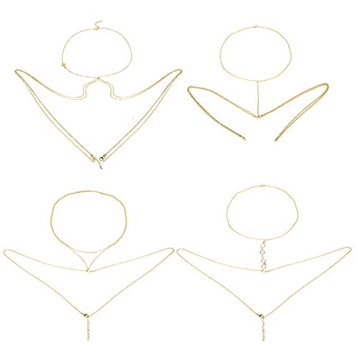 Finrezio Thin Sexy Gold Cross Body Belly Chains Necklace Jewelry for Women 4Pcs a Set