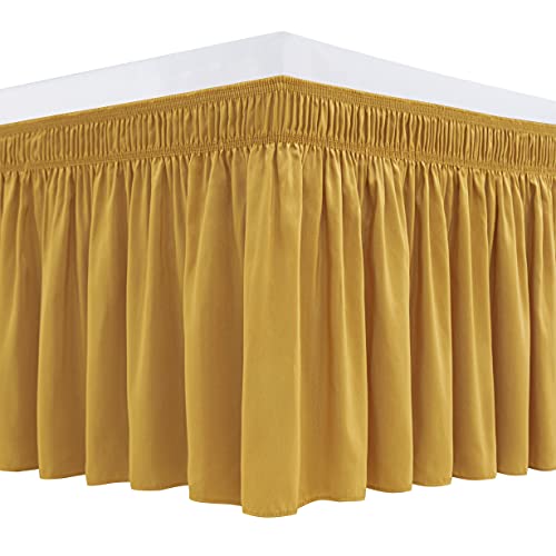Biscaynebay Wrap Around Bed Skirts for Queen Beds15 Drop, Gold Elastic Dust Ruffles Easy Fit