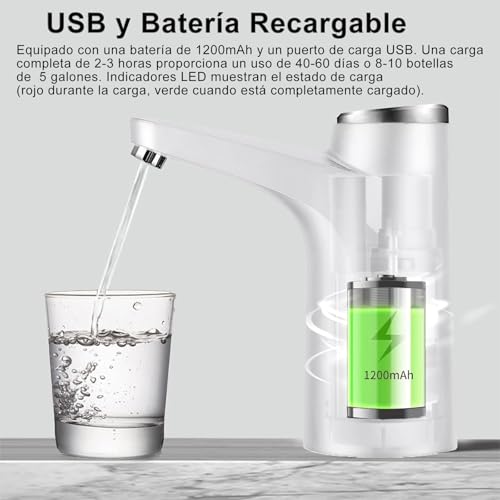 Autbye Dispensador de Agua Garrafon Bomba Electrica con Carga USB, Blanco | Bomba de Agua Portátil con 2 Modos. Ideal para Garrafón de 4.5L a 18.9L, Cocina, Camping y Oficina