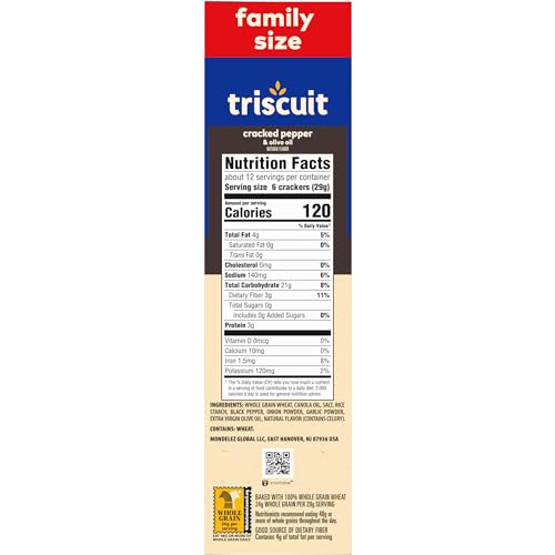 TRISCUIT CRACKED PEPPER & OLIVE OIL WHOLE GRAIN WHEAT CRACKERS, LUNCH SNACKS, SNACK CRACKERS, FAMILY SIZE, 12.5 OZ
