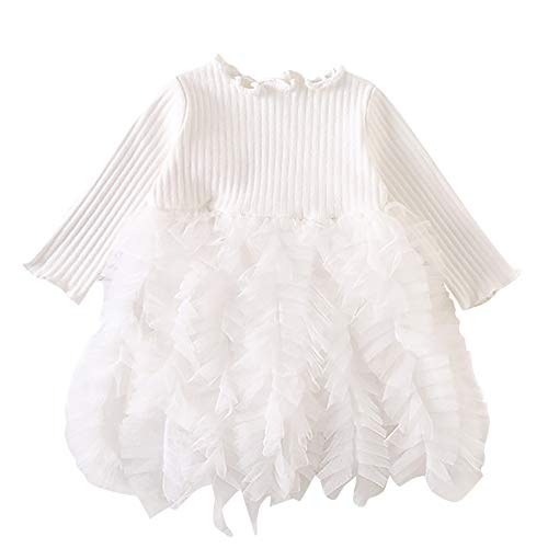 Fashion Baby Knit Dress Kids Toddler Girls Long Sleeves Mesh Patchwork Bow Prom Ball Gown Tutu Party Princess Dresss Clothes (Age:12-18 Months, White)