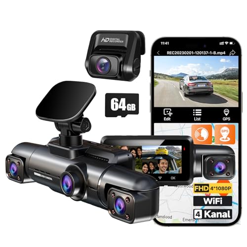 HUPEJOS 360° Dash Cam Car Front Rear 4 Channel Dash Cam Car Camera V60 | Inklusive 64GB SD-Karte, WDR-Nachtsicht (8 IR-LEDs), WiFi GPS,150° Weitwinkel, 3,18" IPS Display, G-Sensor,24/7 Parkmodus