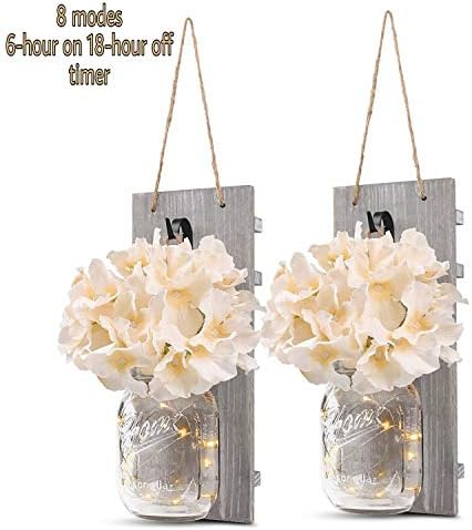 Mason Jar Sconces Rustic Floral Wall Décor with LED Fairy Lights, Rustic Handmade Hanging Wall Decor Crafts with Vintage Wrought Iron Hooks Silk Hydrangea Flowers Set of 2