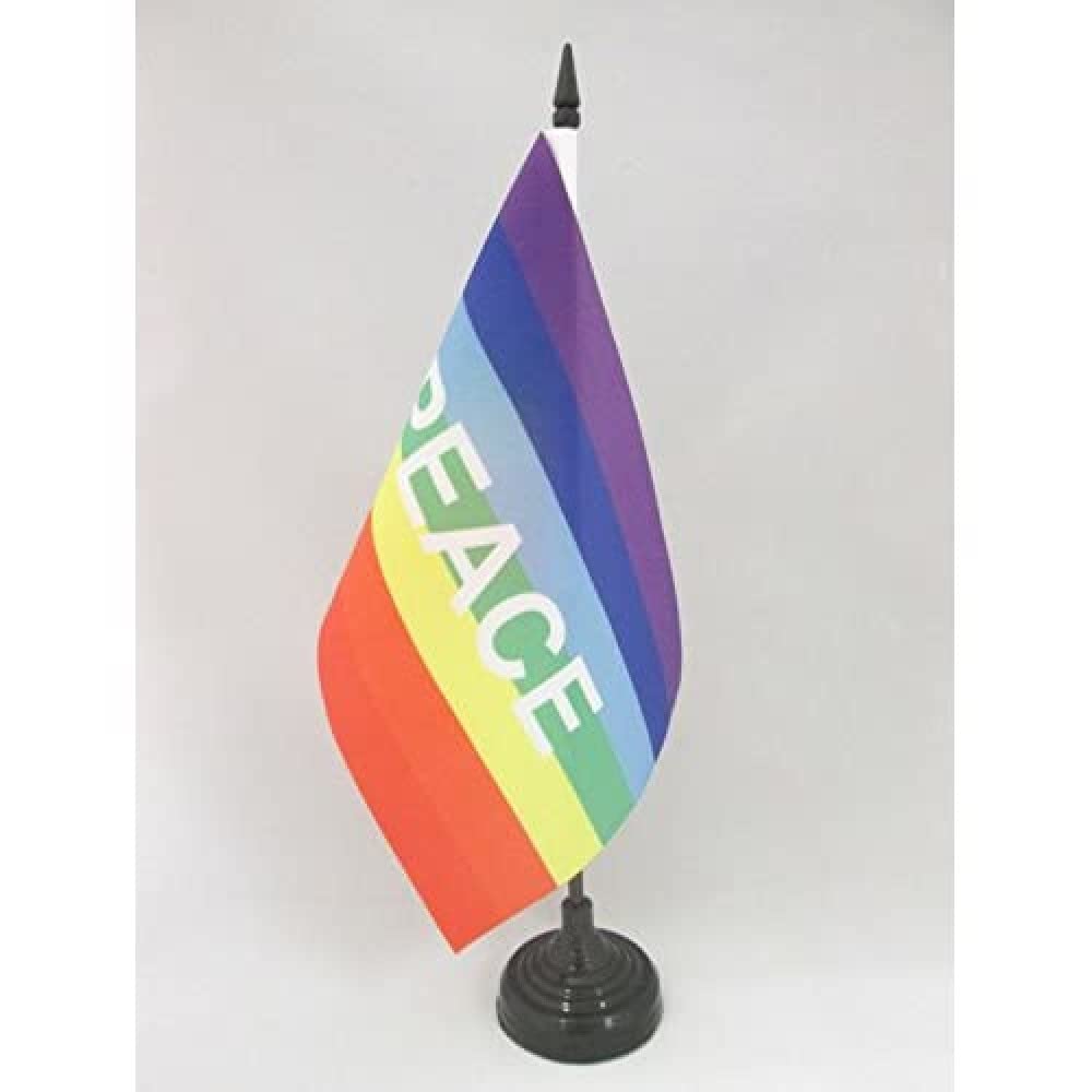 AZ FLAG Rainbow Peace letter Table Flag 5'' x 8'' - Peace Office Decoration 100% Polyester 21 x 14 cm - Mini Desk Flag with Pole and Black Plastic Base