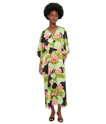 Natori Womens Ascendant Lotus Printed Satin Butterfly Caftan Black Medium