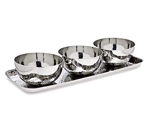 Relish Tray with Serving Bowls 4-piece Set, Hammered Condiment Server for Appetizers, Candy, Nuts and Dips, Elegant Stainless Steel Serveware Set
