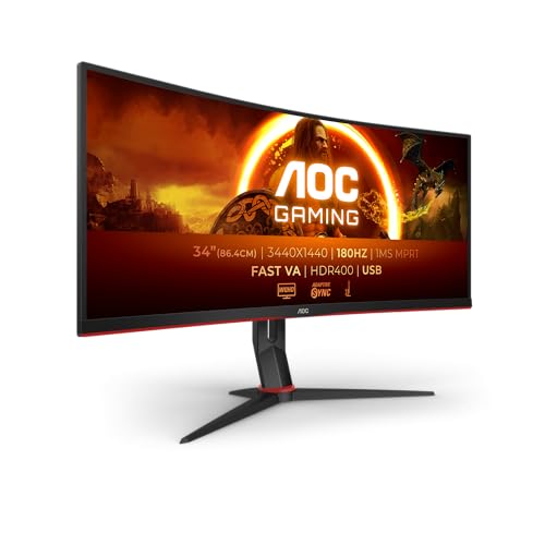 Gaming CU34G2XPD Monitor curvo WQHD da 34 pollici, 180 Hz, VA veloce, GTG da 1 ms, FreeSync Premium, HDR400, supporto regolabile in altezza 3440x1440, HDMI, DisplayPort, hub USB