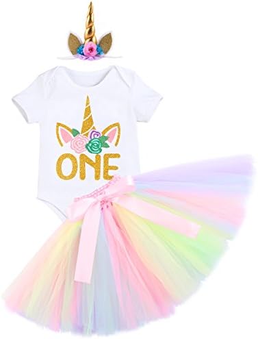 Unicorn Costume Baby Girls 1st Birthday Outfit Romper Tutu Skirt Horn/Crown Headband 3PCS Set for Smash Cake Photo Shoot