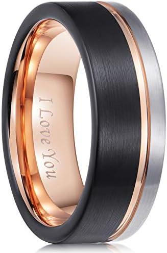 PINONLY 8mm Tungsten Carbide Wedding Band Men Women Rose Gold Line Ring-Silver Black Brushed-Comfort Fit