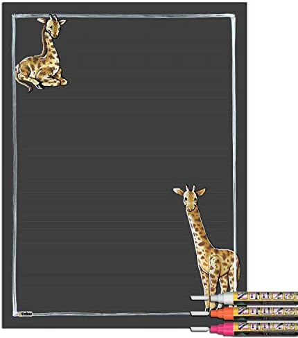 Cohas Magnetic Backed Lined Chalkboard with Safari Theme, Includes Giraffe Chalk Art and Liquid Chalk Marker, 12 by 16 Inches, 3 Bright Markers